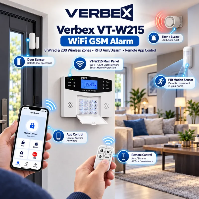 Verbex VT-W215 APP Remote Control Alarm Panel 8-Wired and 200-Wireless Zones Home Security WIFI GSM GPRS Burglar Alarm System RFID Card Arm Disarm 1 Verbex VT-W215 WiFi GSM Alarm