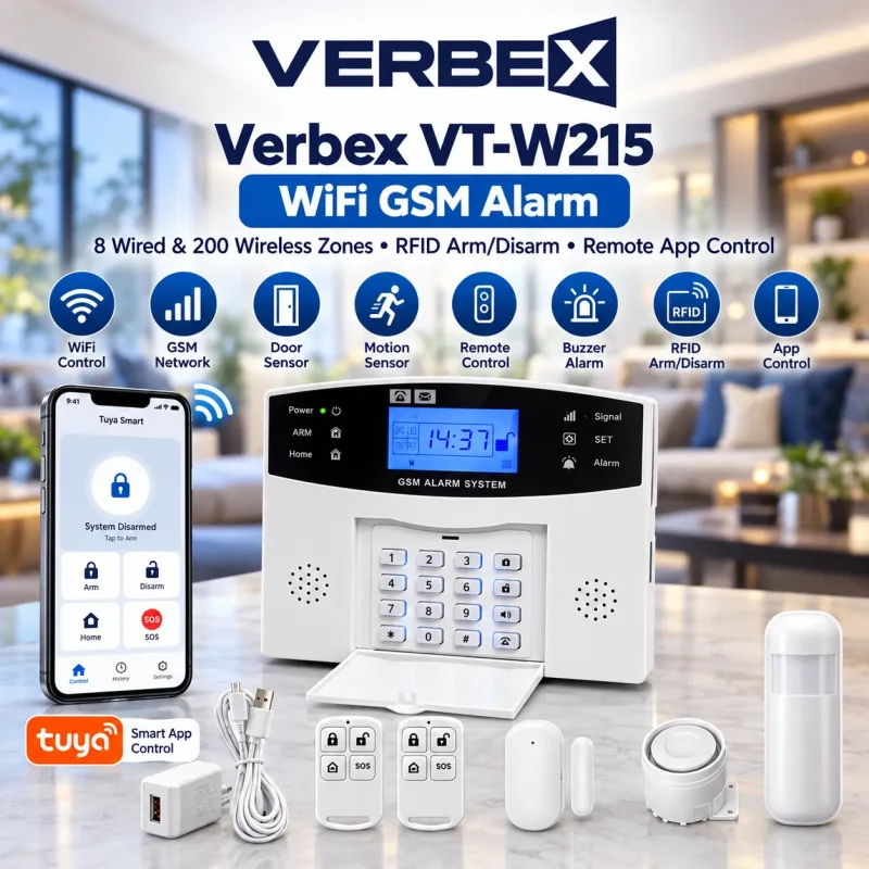 Verbex VT-W215 APP Remote Control Alarm Panel 8-Wired and 200-Wireless Zones Home Security WIFI GSM GPRS Burglar Alarm System RFID Card Arm Disarm 2 Verbex VT-W215 WiFi GSM Alarm